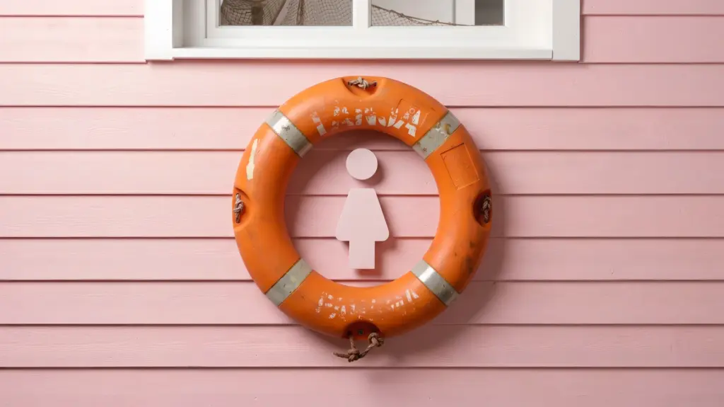 Rettungsring-Schild mit Damen-Piktogramm an rosa Holzwand
