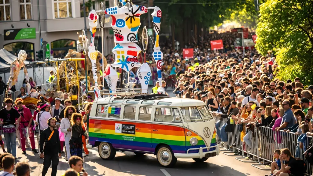 Straßenparade mit Menschenmenge und regenbogenfoliertem VW Bus
