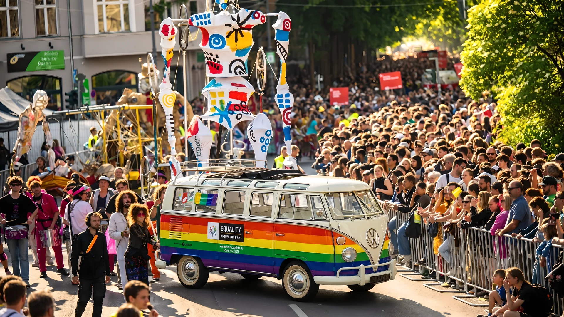 Straßenparade mit Menschenmenge und regenbogenfoliertem VW Bus