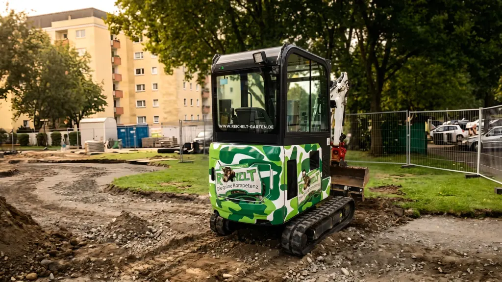 Minibagger mit Camouflage-Folierung auf einer Baustelle