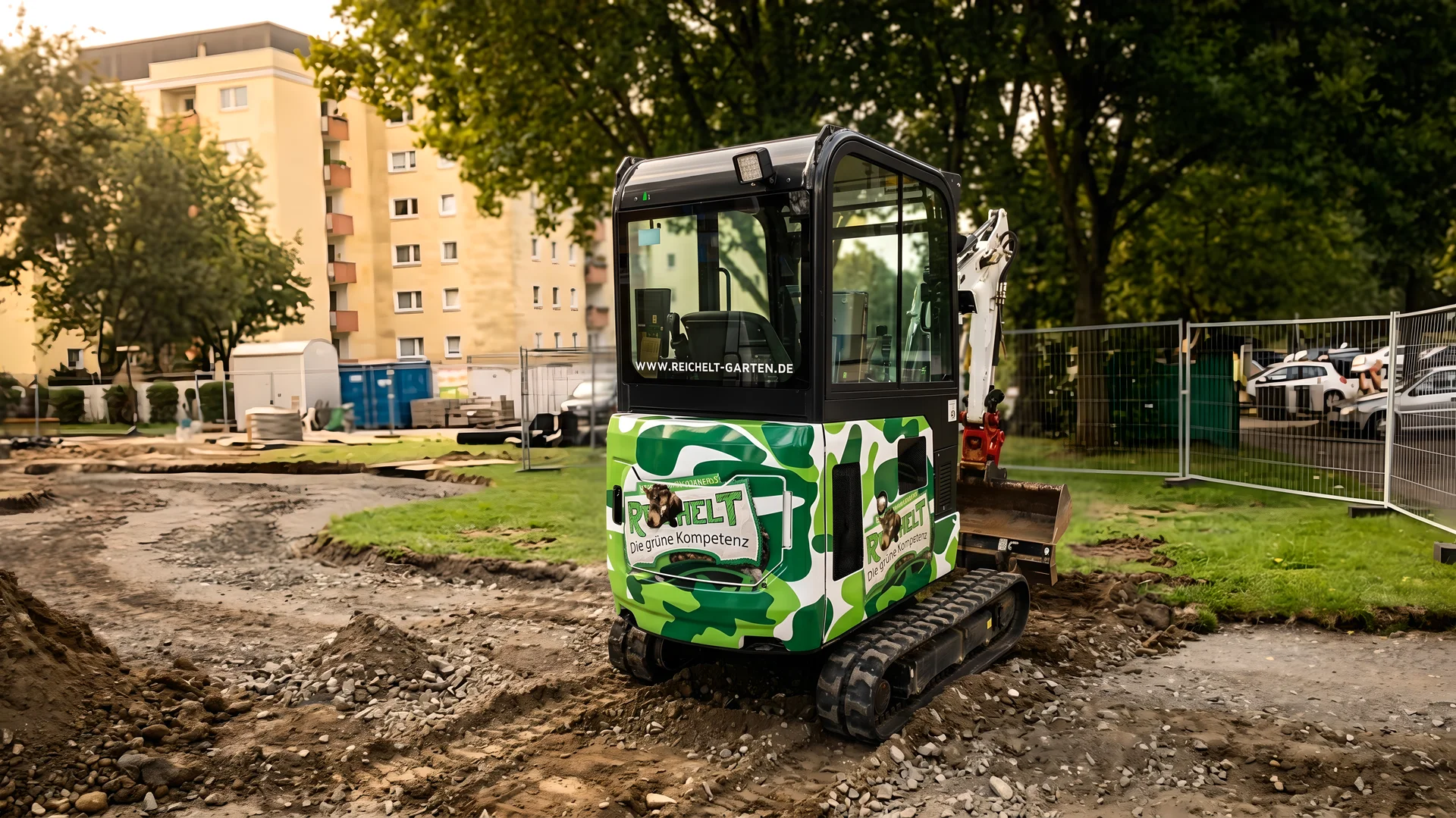 Minibagger mit Camouflage-Folierung auf einer Baustelle
