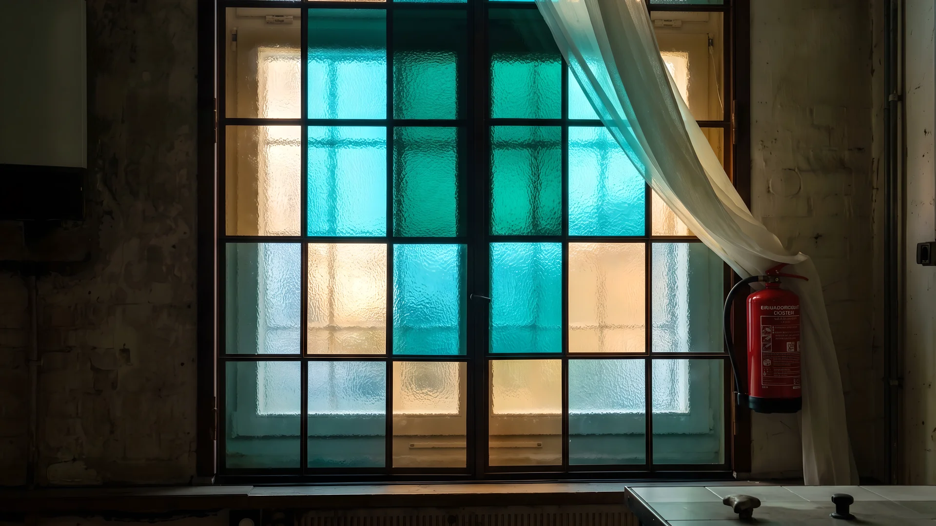 Buntes Fenster mit farbiger Glasfolierung im Innenraum